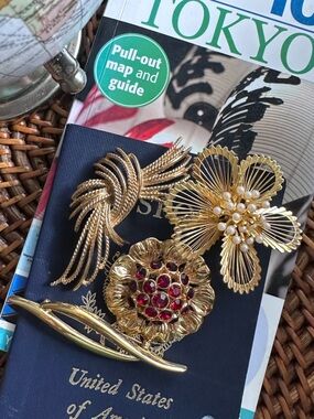 Monet Vintage Gold Tone and Jeweled Brooches Lot of 4